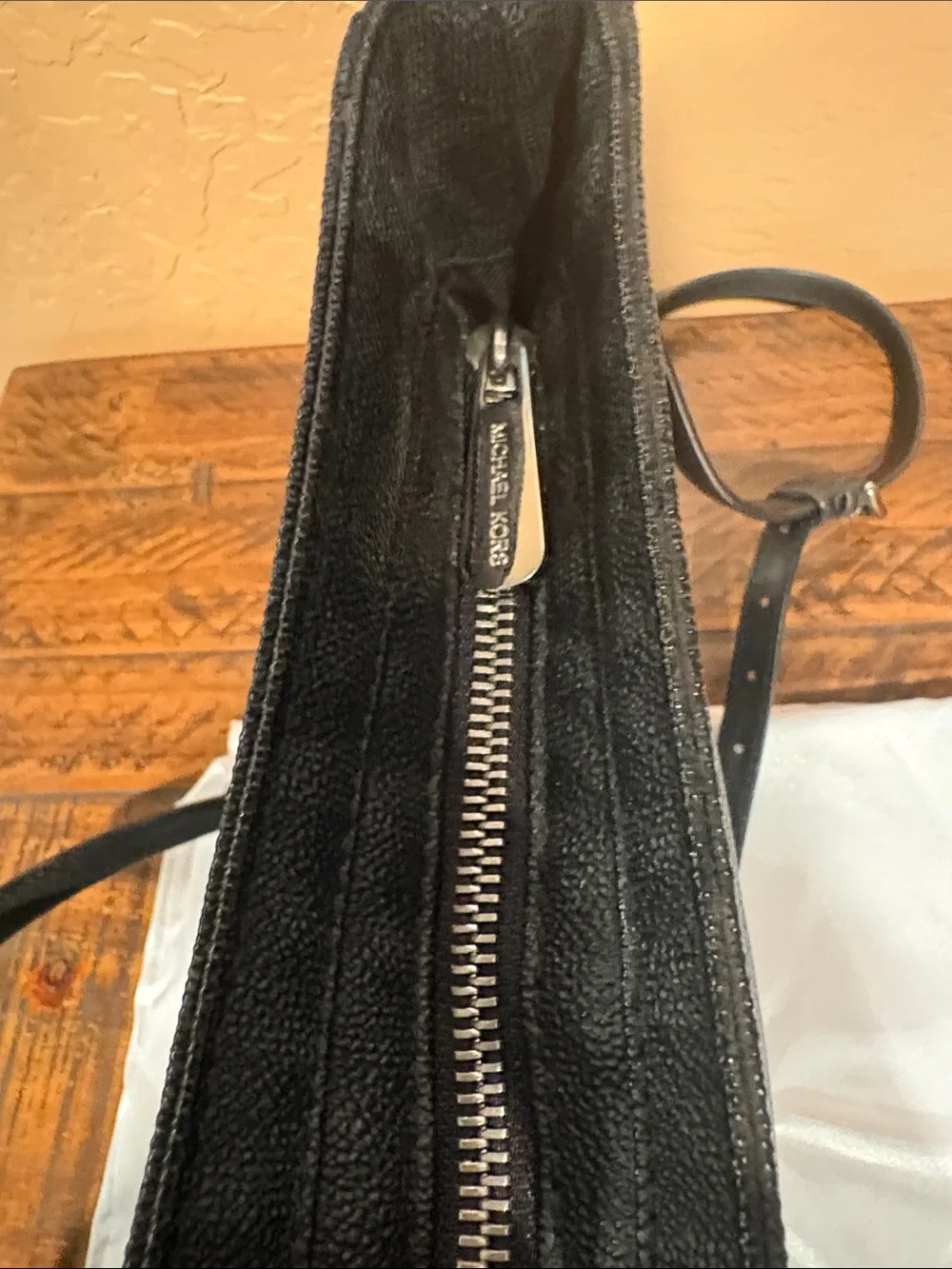 Michael Kors Black Pebbled Leather MK Monogram Crossbody Bag EUC